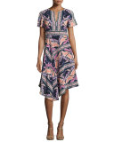 Short-Sleeve Asymmetric Printed Silk Dress, Black/Multicolor