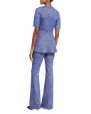 Swirl Jacquard Short-Sleeve Peplum Top, Lapis