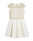 Cap-Sleeve Lace & Ponte Combo Dress, Ivory/Gold, Size 6-14