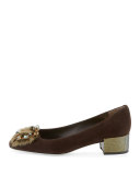 Suede 30mm Pump w/Jeweled Fur Pompom
