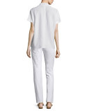 Reyn Short-Sleeve Split-Neck Blouse, Blue Glass