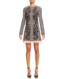 Long-Sleeve Plaid Dress w/3D Appliques, Black/Pink