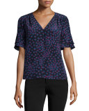 Short-Sleeve Floral Silk Top, Navy