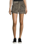 Suede Buckled Mid-Rise Shorts, Mortar