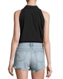 Sleeveless Washed Poplin Bodysuit, Black