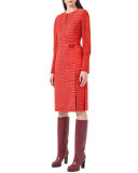 Mixed-Print Long-Sleeve Dress, Red