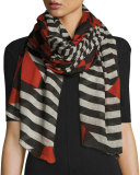 Zig Zag Check & Stripe Voile Scarf, Black/Red