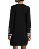 Long-Sleeve Embroidered Shift Dress, Black/Blue
