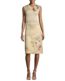Hummingbird-Embroidered Brocade A-Line Skirt, Oro