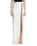 Beaded Front-Slit Maxi Skirt, White