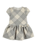 Cap-Sleeve Metallic Herringbone Plaid Dress, Gray, Size 3-6