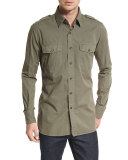 Military-Style Washed Twill Sport Shirt, Olive