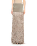 Feather-Embellished Column Maxi Skirt, Slate/Beige