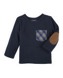 Long-Sleeve Plaid-Pocket Jersey Tee, Navy, Size 2-7