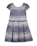 Cap-Sleeve Pleated Ikat Jacquard Dress, Navy, Size 7-16