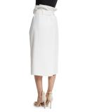 Paneled Paperbag-Waist Midi Skirt, White