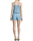 Sleeveless Drawstring-Waist Romper, Light Wash