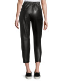 Leather Single-Pleat Cropped Pants, Black