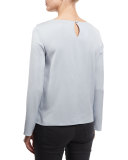 Long-Sleeve Round-Neck Silk Blouse, Light Blue