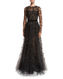 Long-Sleeve Illusion Lace Taffeta Gown, Black