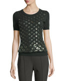 Eve Sequined-Dot Short-Sleeve Sweater, Fir