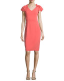 Pleated-Sleeve Sheath Dress, Bright Coral