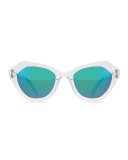 Bilbao Mirrored Geometric Cat-Eye Sunglasses, Clear/Green