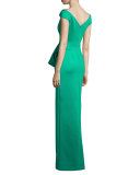 Off-the-Shoulder Draped Satin Gown, Emerald