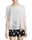 embroidered daisy eyelet swing top, cream