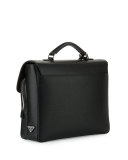 Saffiano Leather Single-Gusset Briefcase, Black