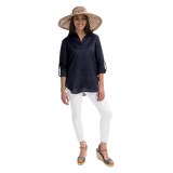 August Silk Collared Linen Shirt - V-Neck, Long Sleeve (For Women)